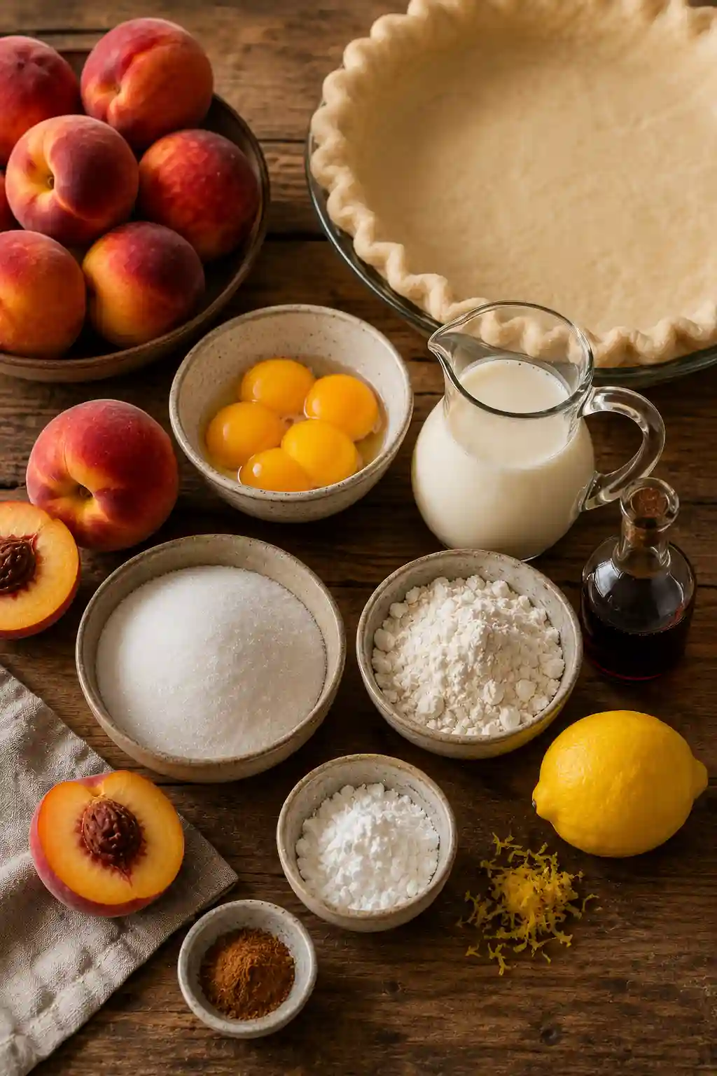 Ingredients for Old Fashioned Peach Custard Pie Recipe including fresh peaches, eggs, cream, sugar, flour, cornstarch, vanilla, lemon, cinnamon, and pie crust.