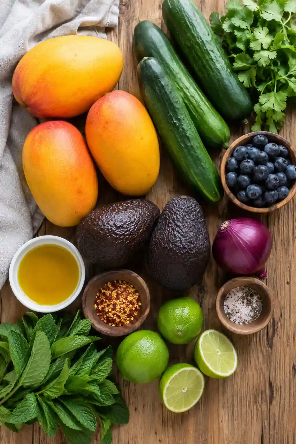Fresh ingredients for Mango Cucumber Salad including mangoes, cucumbers, avocado, blueberries, lime, cilantro, and mint on a wooden table