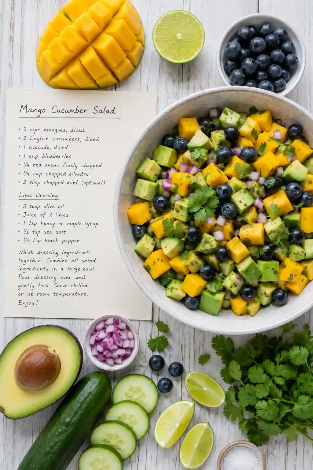 Printable mango cucumber salad recipe card with avocado, blueberries, cucumber, lime, and fresh herbs on a white wooden table