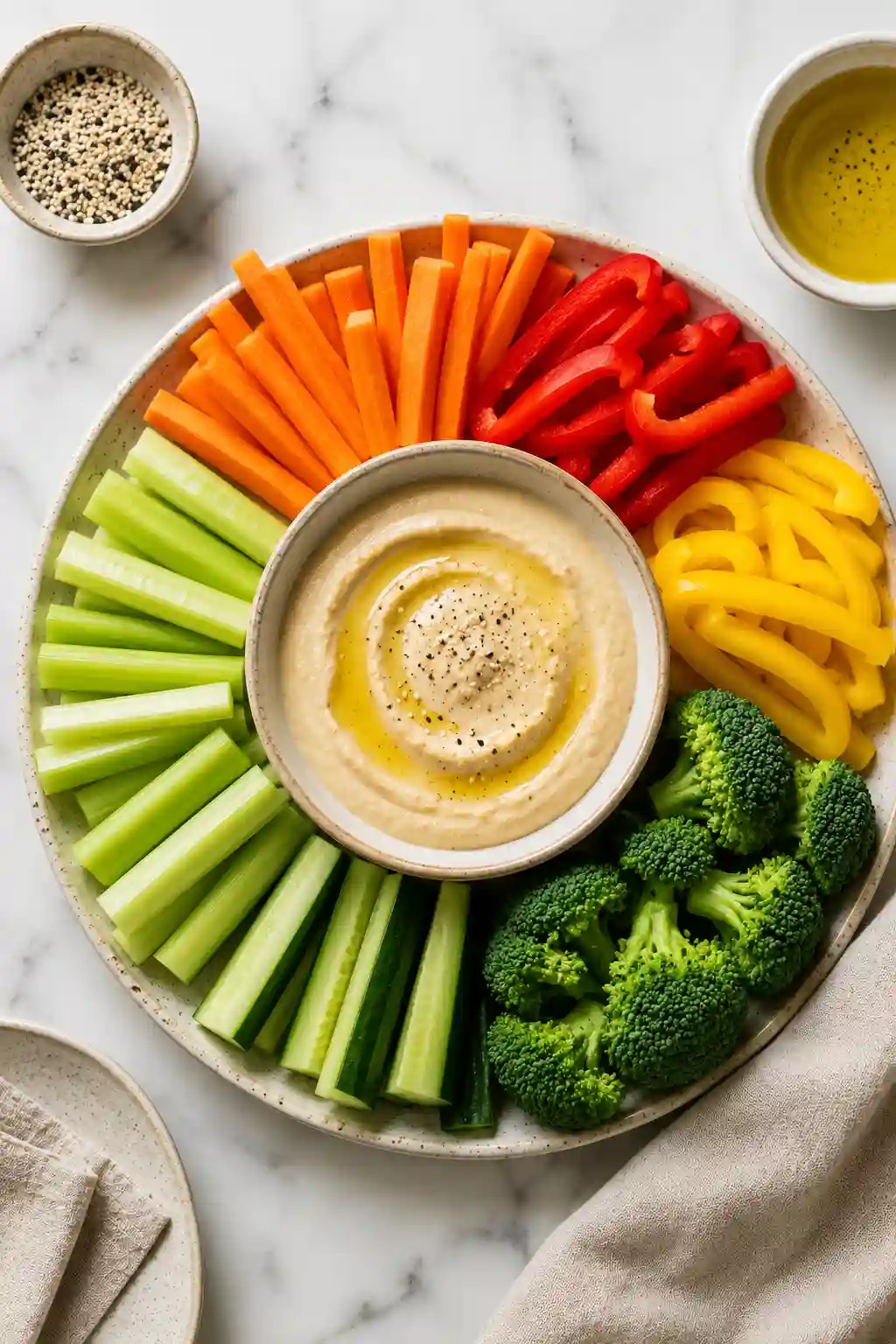 Raw vegetables with creamy tahini dip including carrots, celery, cucumbers, broccoli, and bell peppers