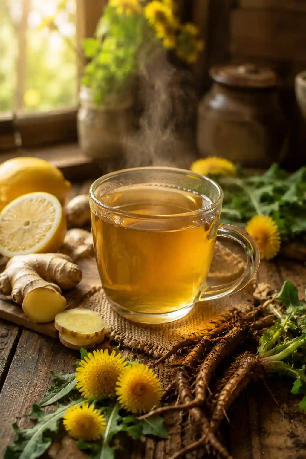 Dandelion Tea Recipe Weight Loss herbal drink with ginger, lemon, fresh roots, and steaming tea in a glass cup