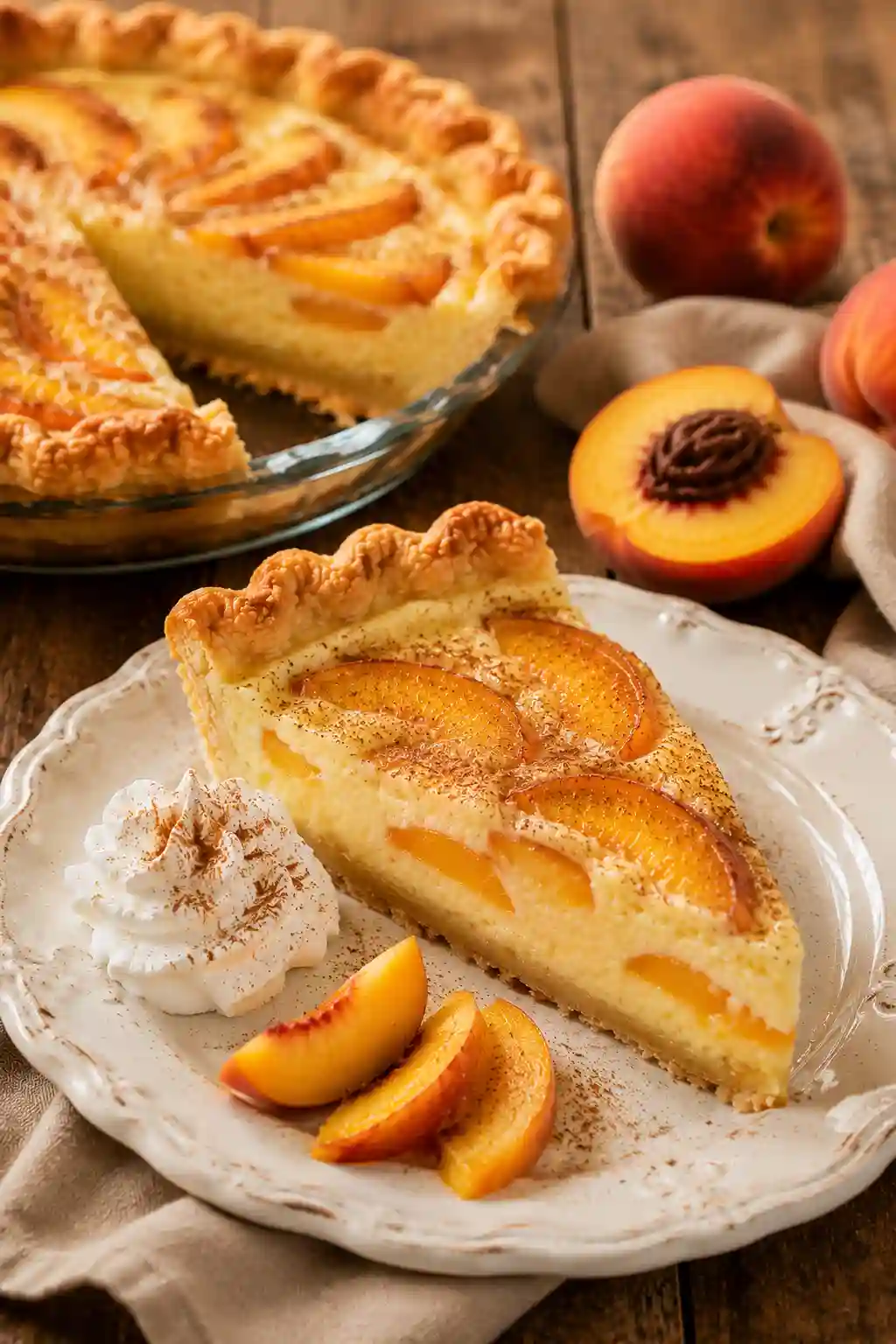 Slice of Old Fashioned Peach Custard Pie served with whipped cream and fresh peach slices on a dessert plate.