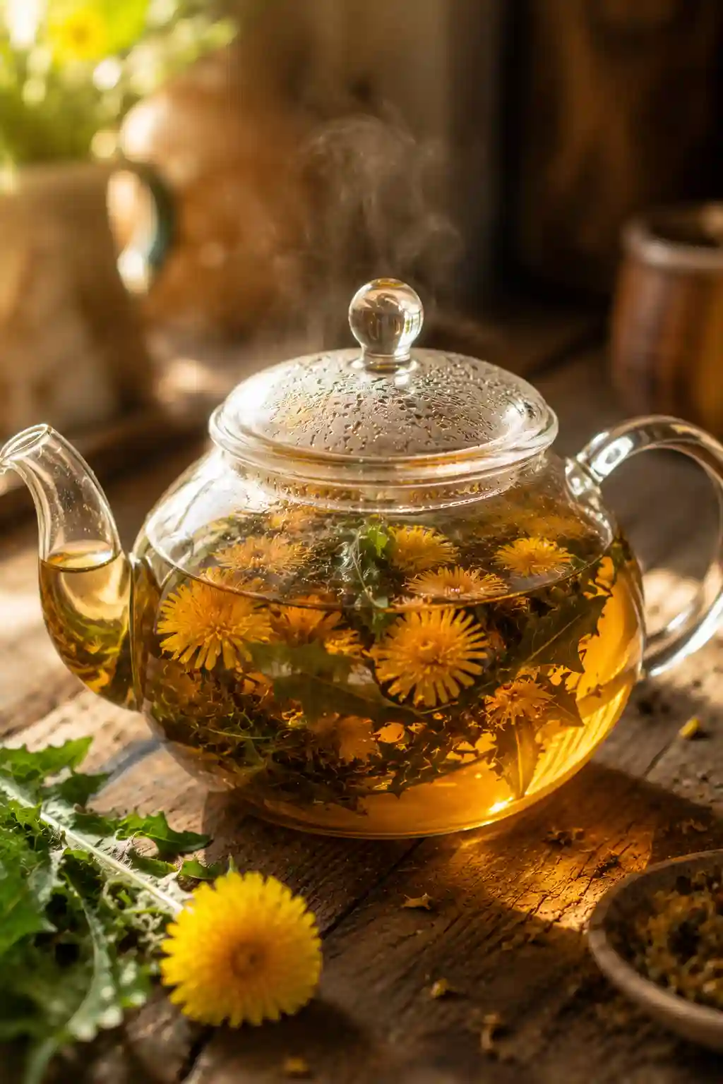 Dandelion Tea Recipe Weight Loss herbal tea steeping in a glass teapot with fresh flowers and leaves