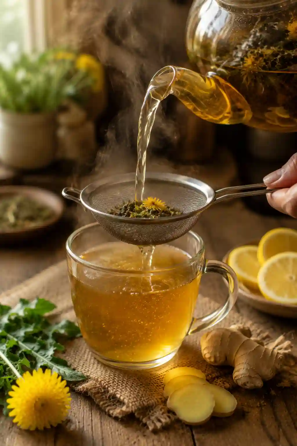 Dandelion Tea Recipe Weight Loss herbal tea being strained into a glass cup with lemon and ginger