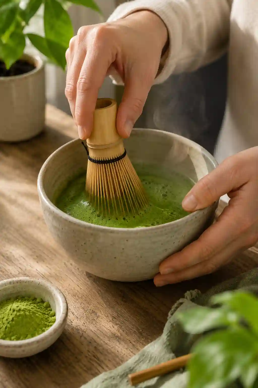 Benefits of Drinking Matcha Daily whisking ceremonial matcha with warm water