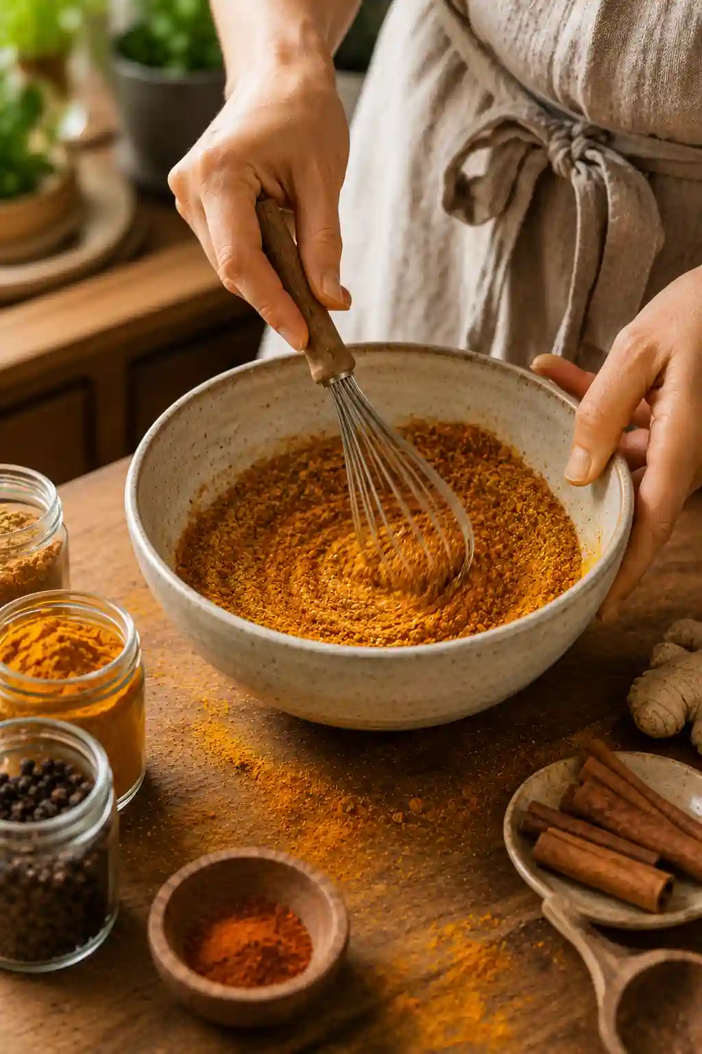 Whisking spices together while preparing a homemade Dementia Prevention Spice Blend Recipe.