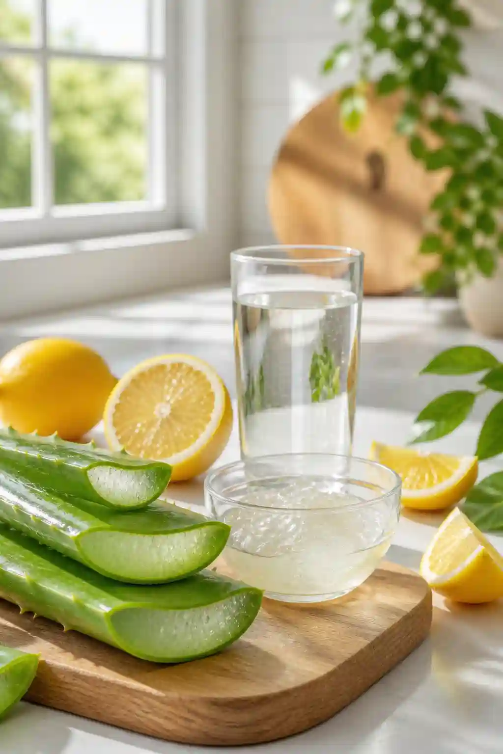 fresh ingredients for aloe vera lemon water for weight loss including aloe vera gel lemon slices and water on a kitchen counter