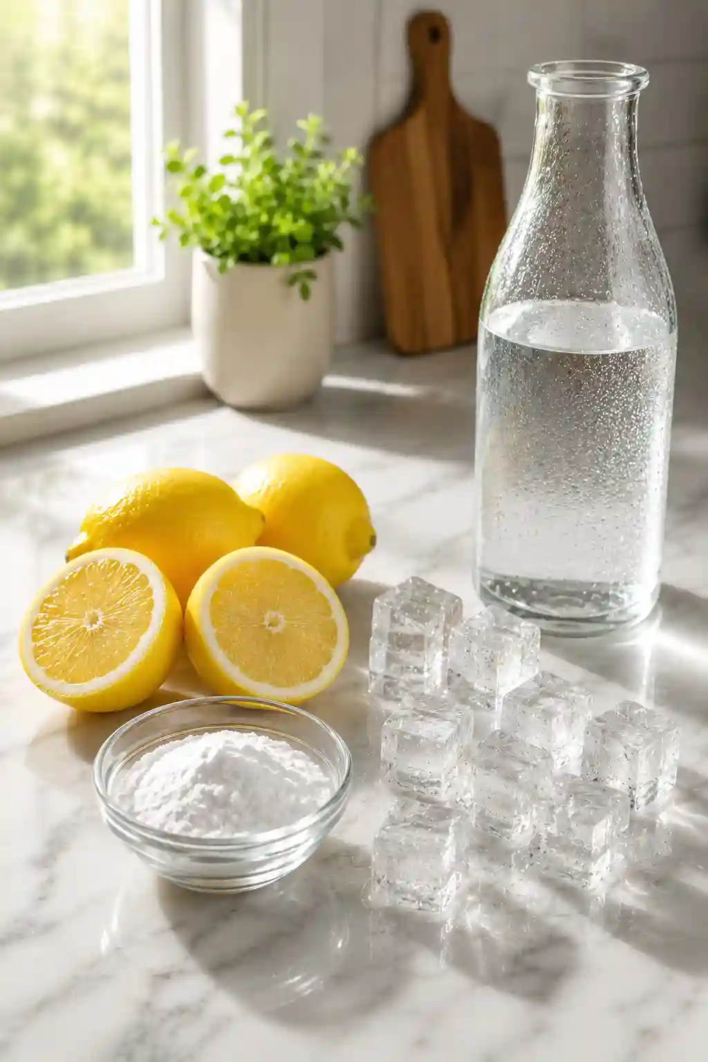 Ingredients for Baking Soda Lemon and Ice Recipe including fresh lemons, baking soda, filtered water, and ice cubes on a kitchen countertop