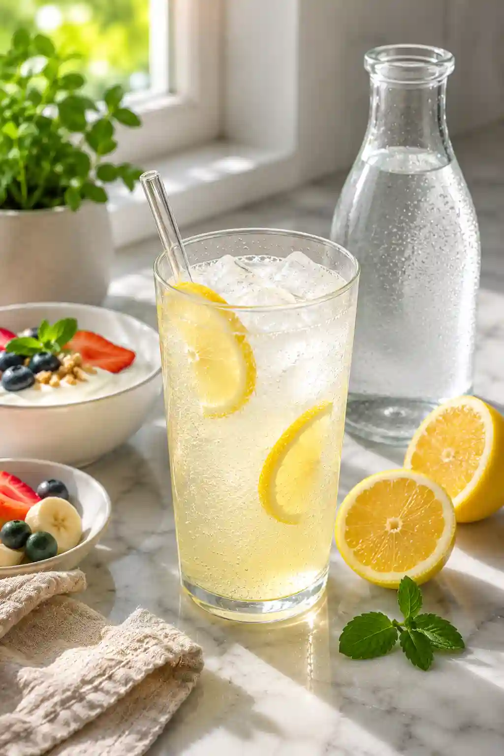 Serving suggestion for Baking Soda Lemon and Ice Recipe with lemon slices, reusable straw, and healthy breakfast sides