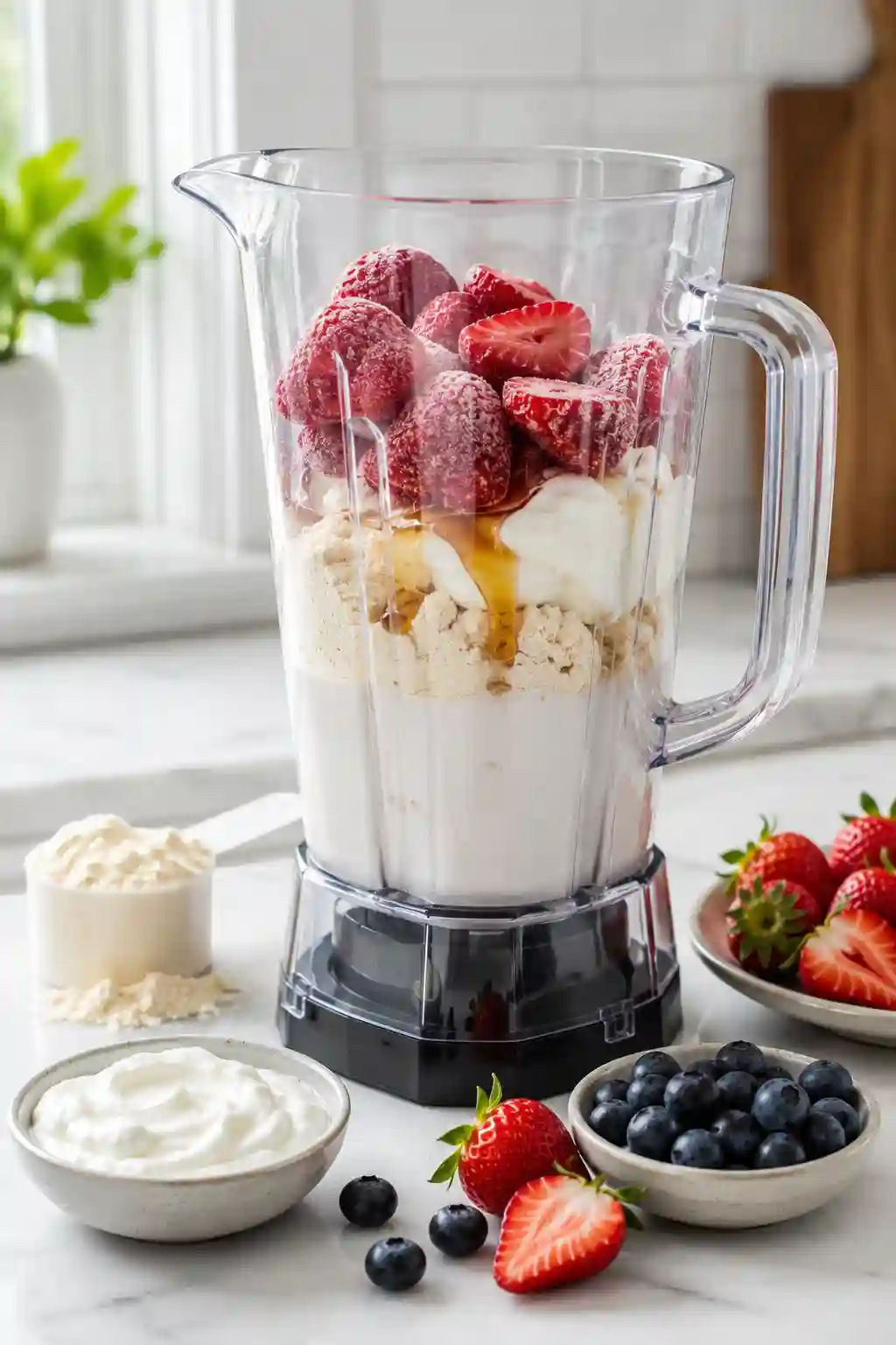 Protein Popsicles Recipe Step 1 Blend the Ingredients Blender filled with Greek yogurt, protein powder, frozen strawberries, and honey for making Protein Popsicles Recipe