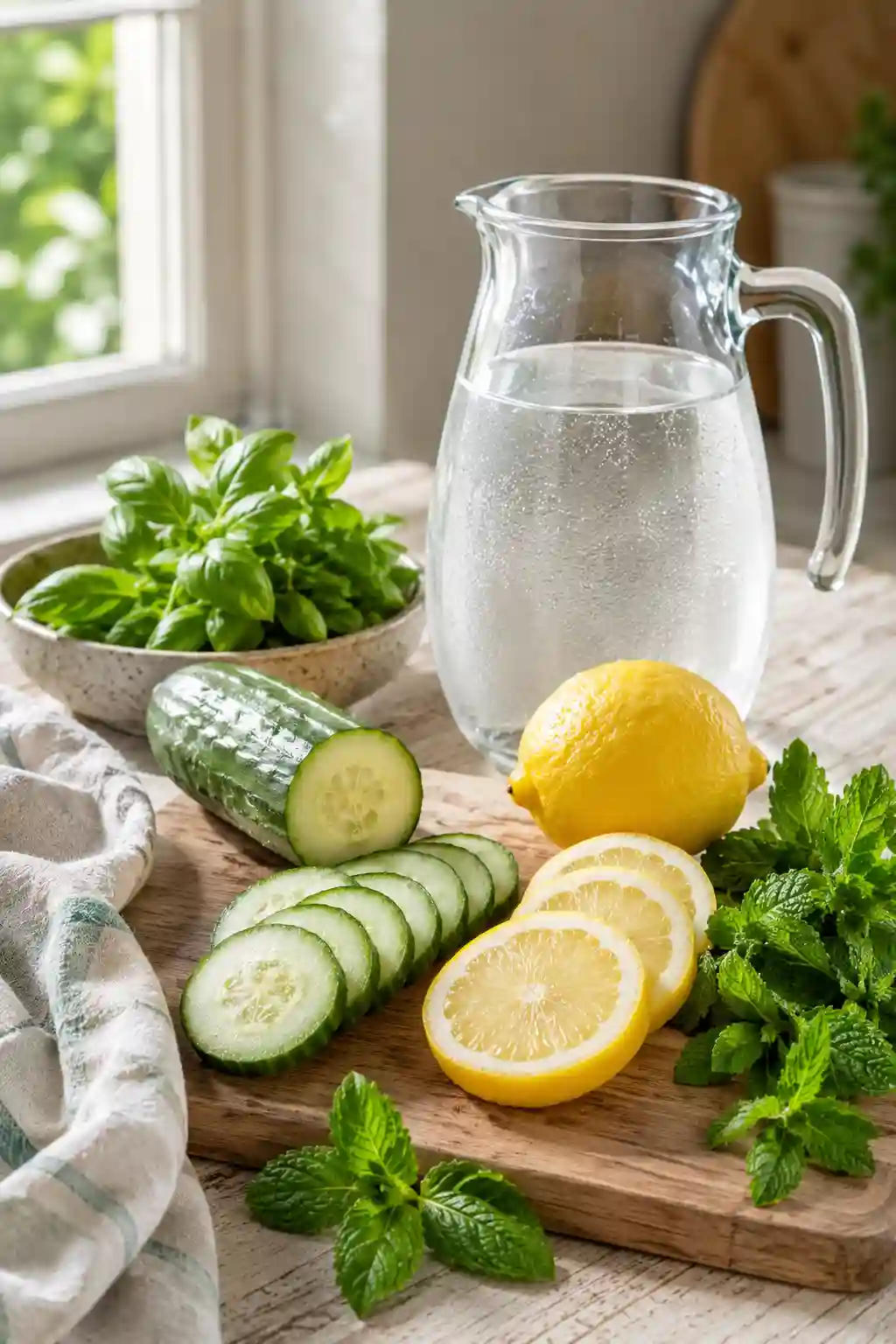 Ingredients for cucumber lemon water recipe including sliced cucumber, lemon, mint leaves, basil, and filtered water