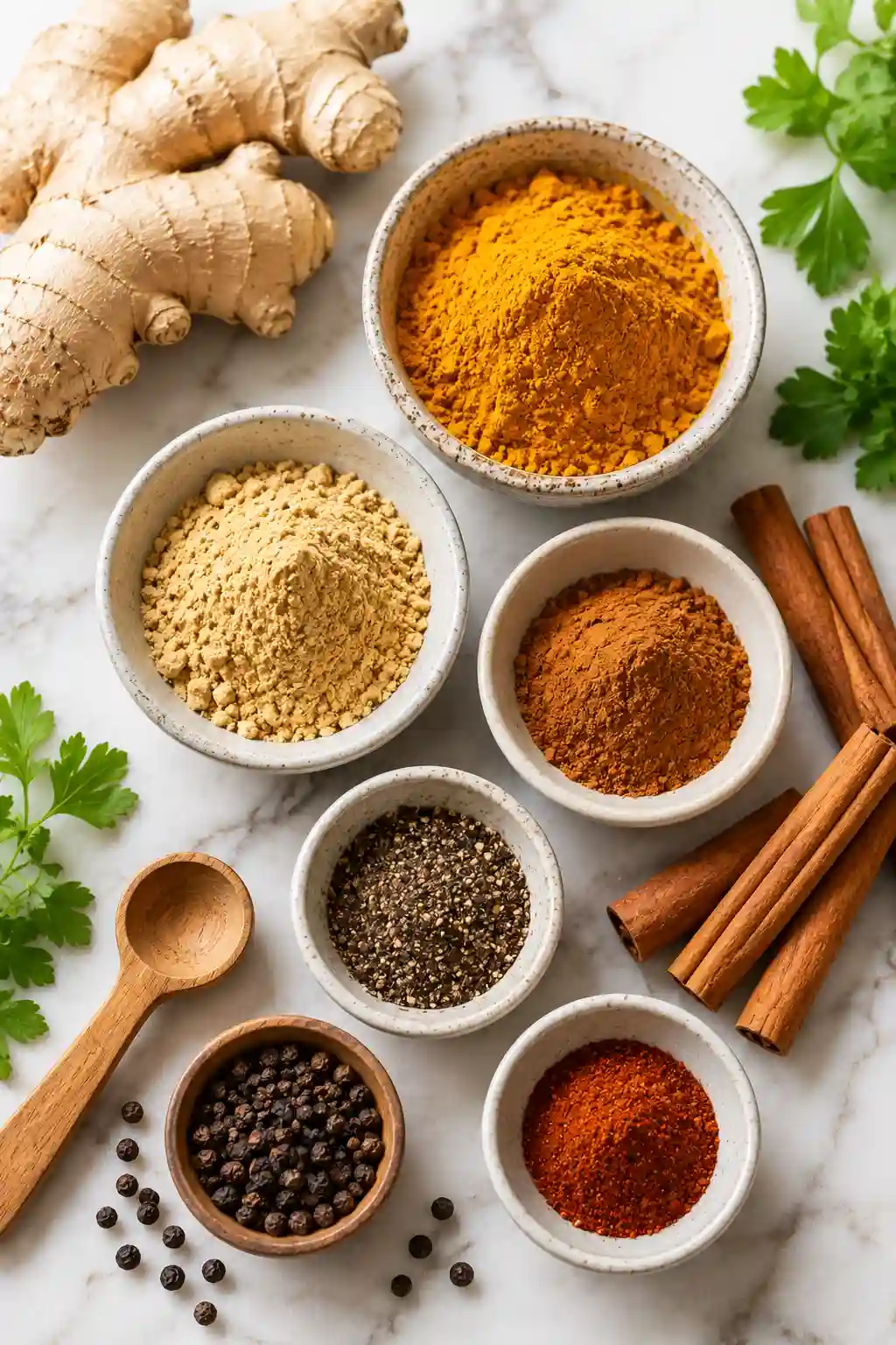 Measured ingredients for Dementia Prevention Spice Blend Recipe including turmeric, ginger, cinnamon, black pepper, and cayenne pepper.