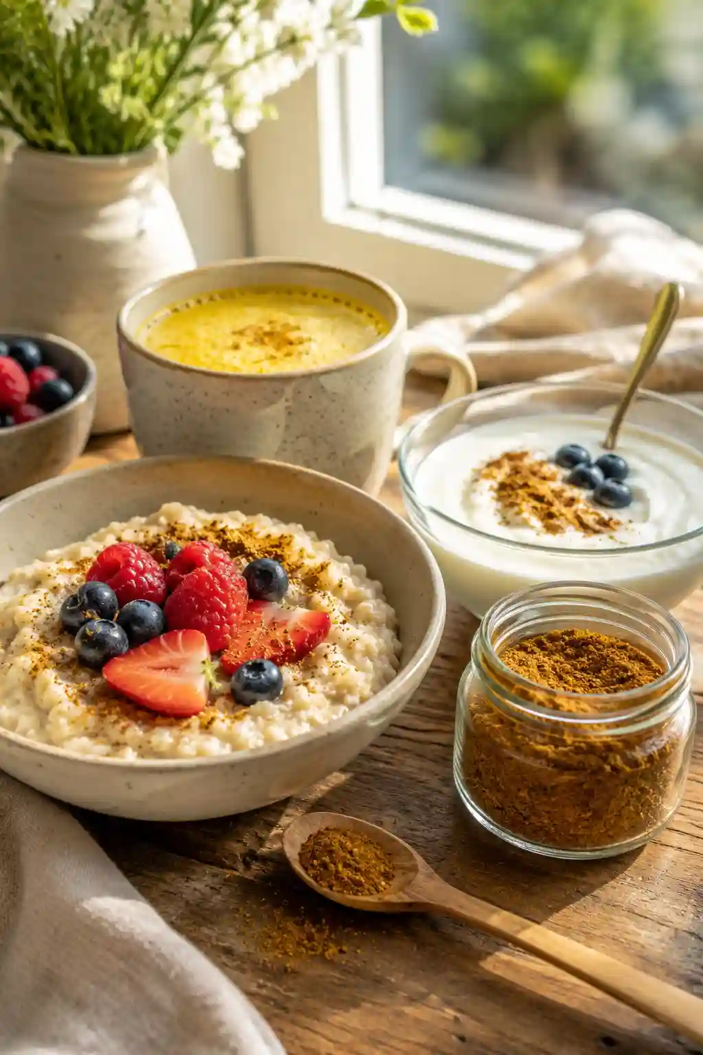 Dementia Prevention Spice Blend Recipe served with oatmeal, yogurt, berries, and golden milk for breakfast.