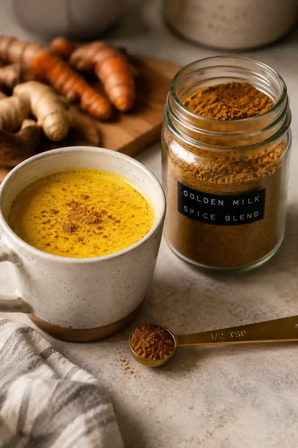 Serving suggestion for Dementia Prevention Spice Blend Recipe with golden milk and a measured spoonful of spice blend.