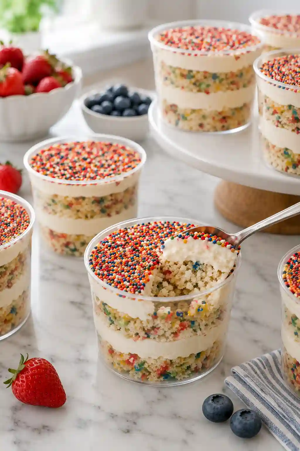 Dot Cake Recipe served in clear dessert cups with funfetti cake, buttercream frosting, and rainbow nonpareil sprinkles