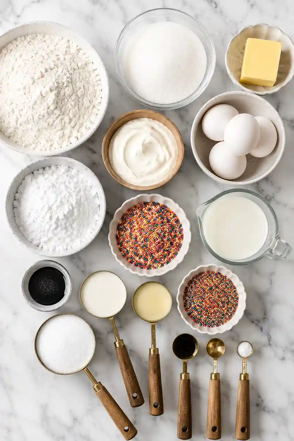 Dot Cake Recipe ingredients arranged on a marble countertop including flour, sugar, eggs, butter, milk, sour cream, sprinkles, and vanilla