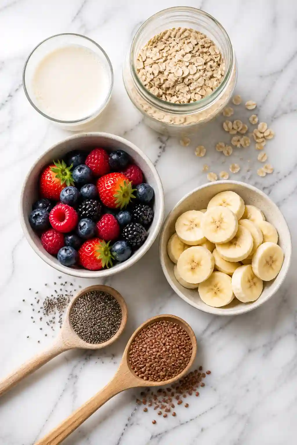 High fiber smoothie ingredients oats chia seeds flaxseeds banana berries and almond milk for weight loss