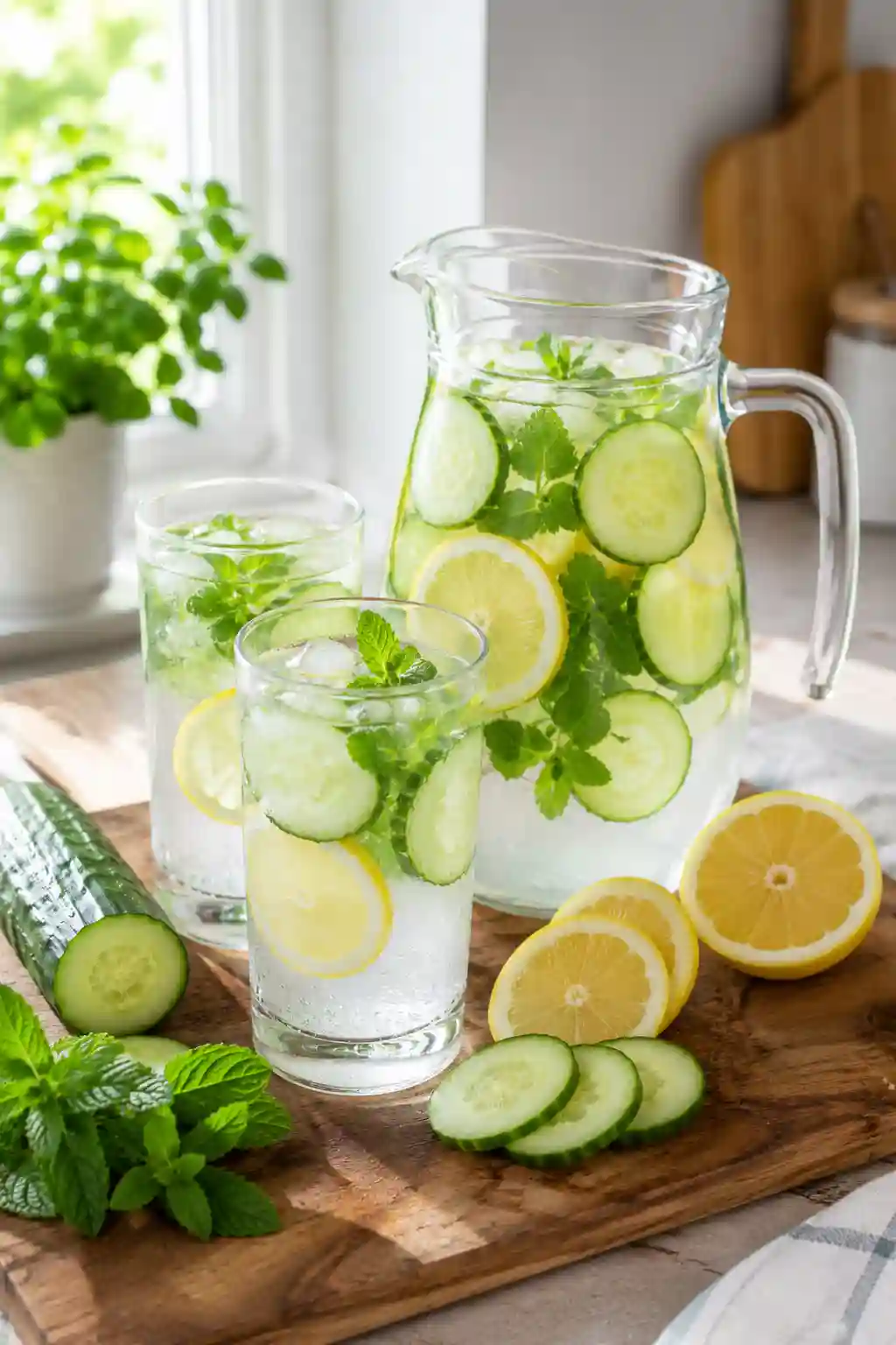 Homemade cucumber lemon water recipe served in glasses with fresh mint, lemon slices, and cucumber in a glass pitcher