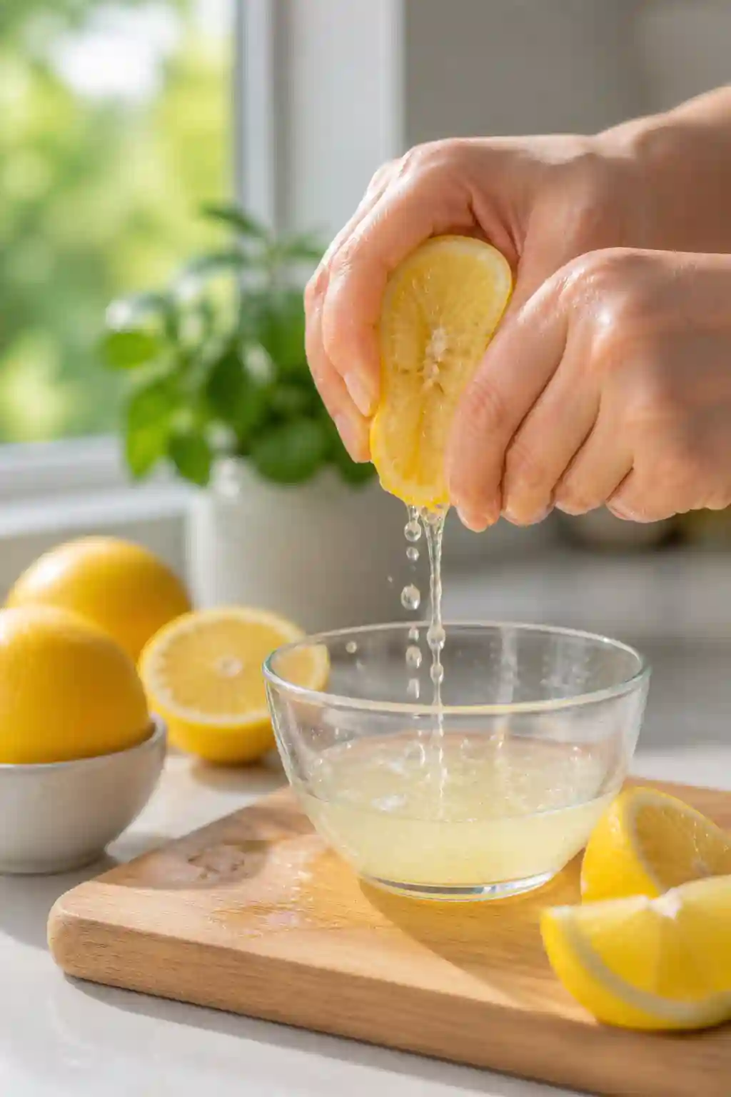 squeezing fresh lemon juice into a bowl for aloe vera lemon water for weight loss