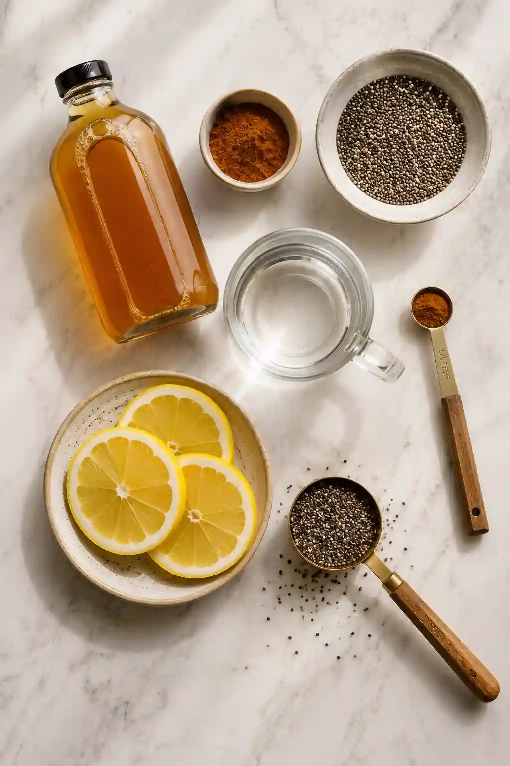 Ingredients for Glucose Reset Ritual Recipe including apple cider vinegar, lemon slices, chia seeds, cinnamon, and warm water.