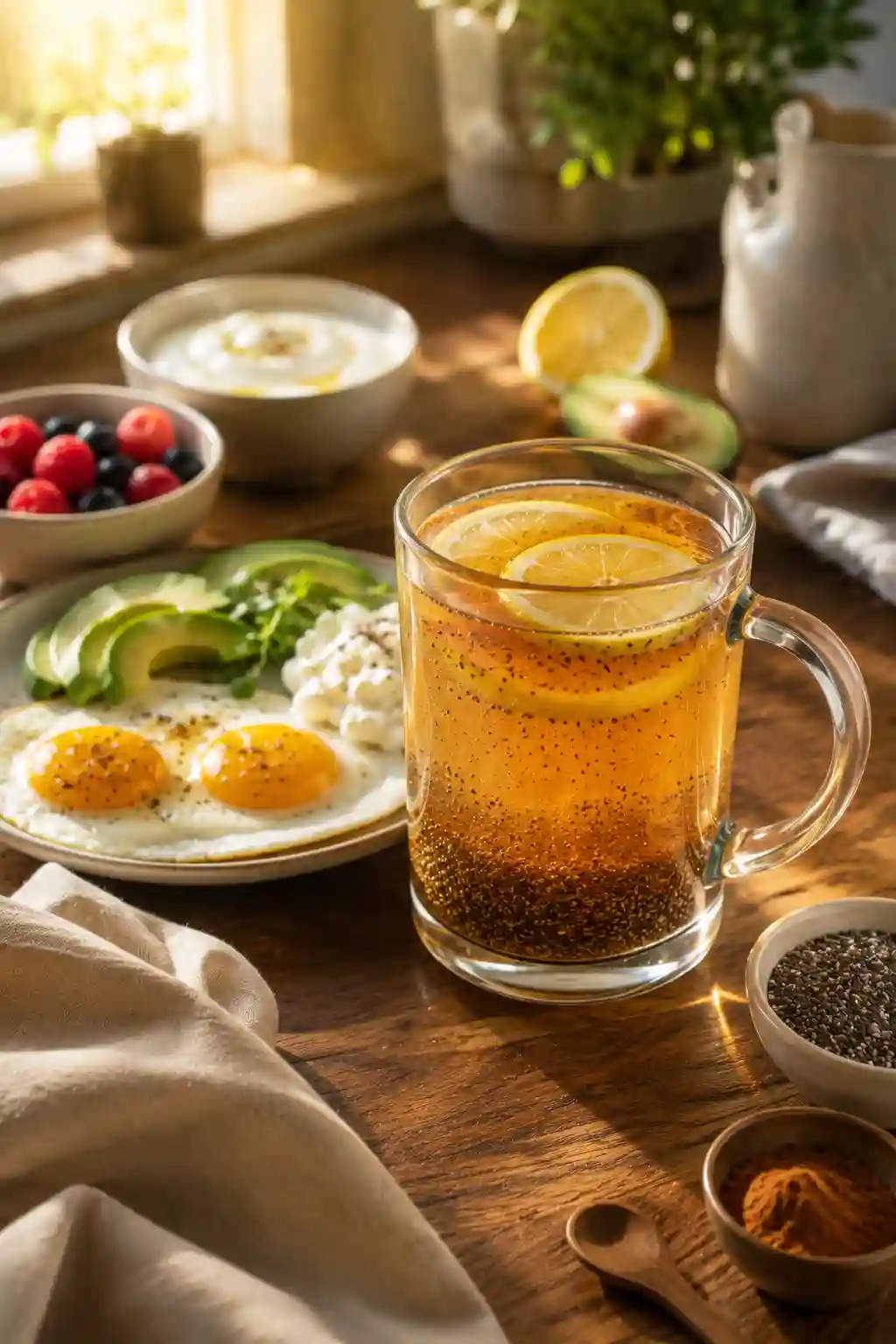 Glucose Reset Ritual Recipe served with eggs, avocado, berries, and protein rich breakfast foods.