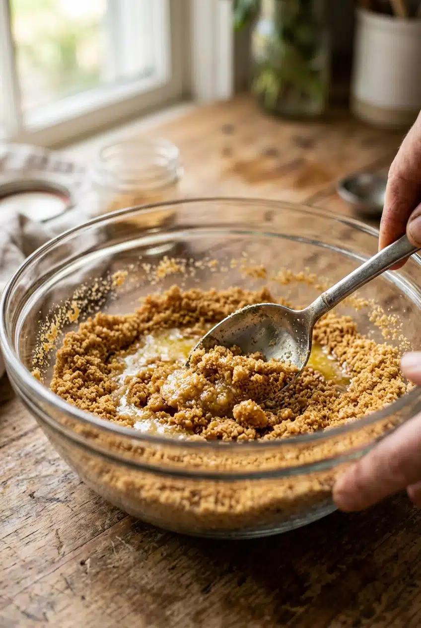 Mixing graham cracker crumbs with melted butter to make crust for no bake key lime cheesecake cups