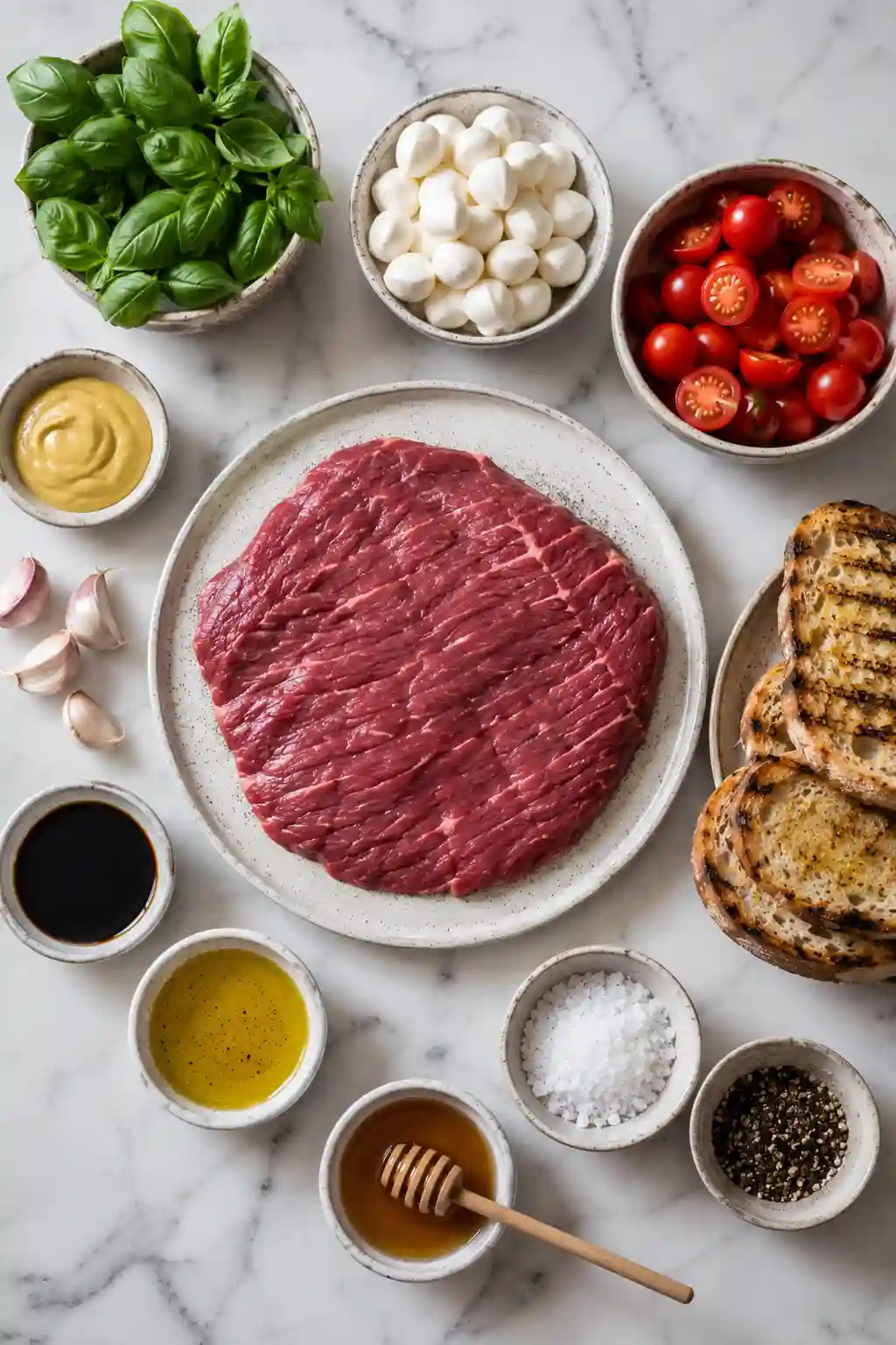 Ingredients for Grilled Flank Steak Caprese including raw flank steak, mozzarella pearls, cherry tomatoes, basil, garlic, balsamic vinegar, and olive oil.