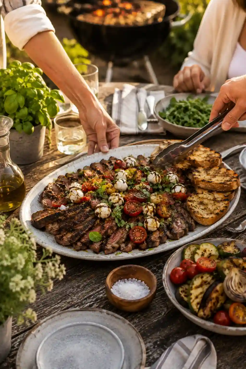Grilled Flank Steak Caprese served outdoors with fresh mozzarella, tomatoes, basil, grilled bread, and summer side dishes.