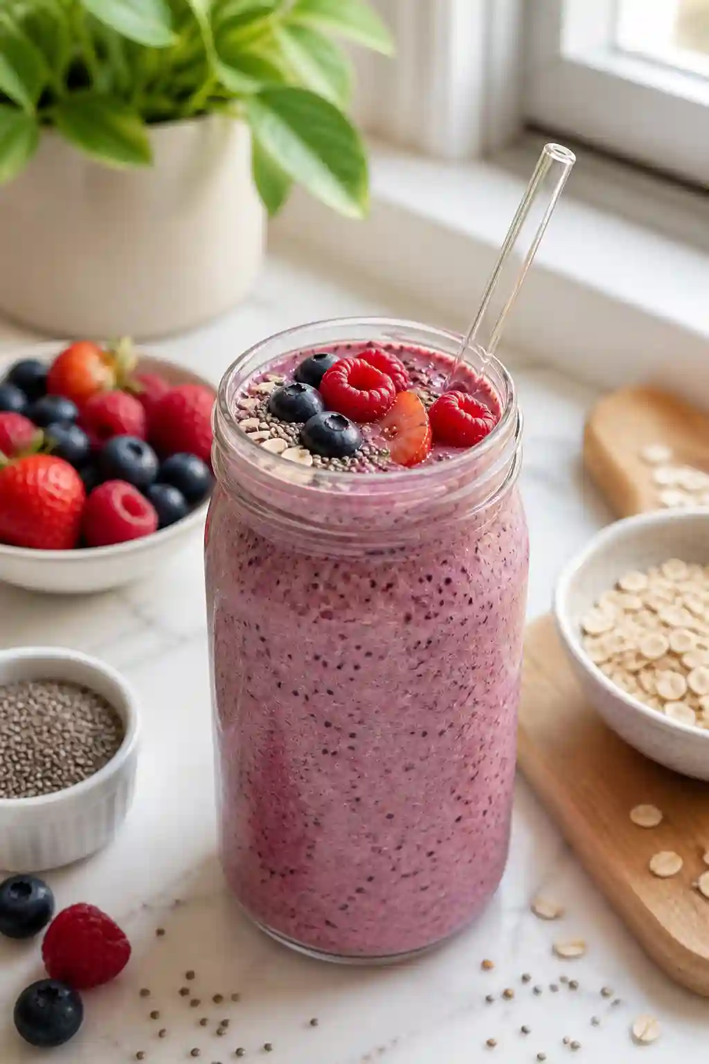 High fiber smoothie for weight loss served in mason jar with berries chia seeds and oats