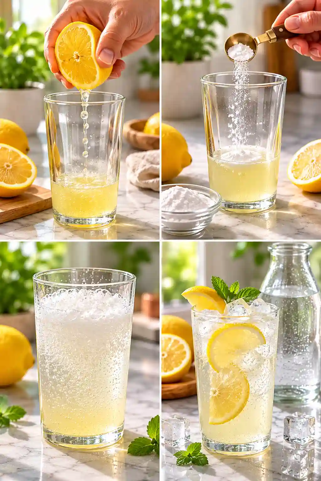 Step by step process for making Baking Soda Lemon and Ice Recipe from squeezing lemon to serving the finished drink