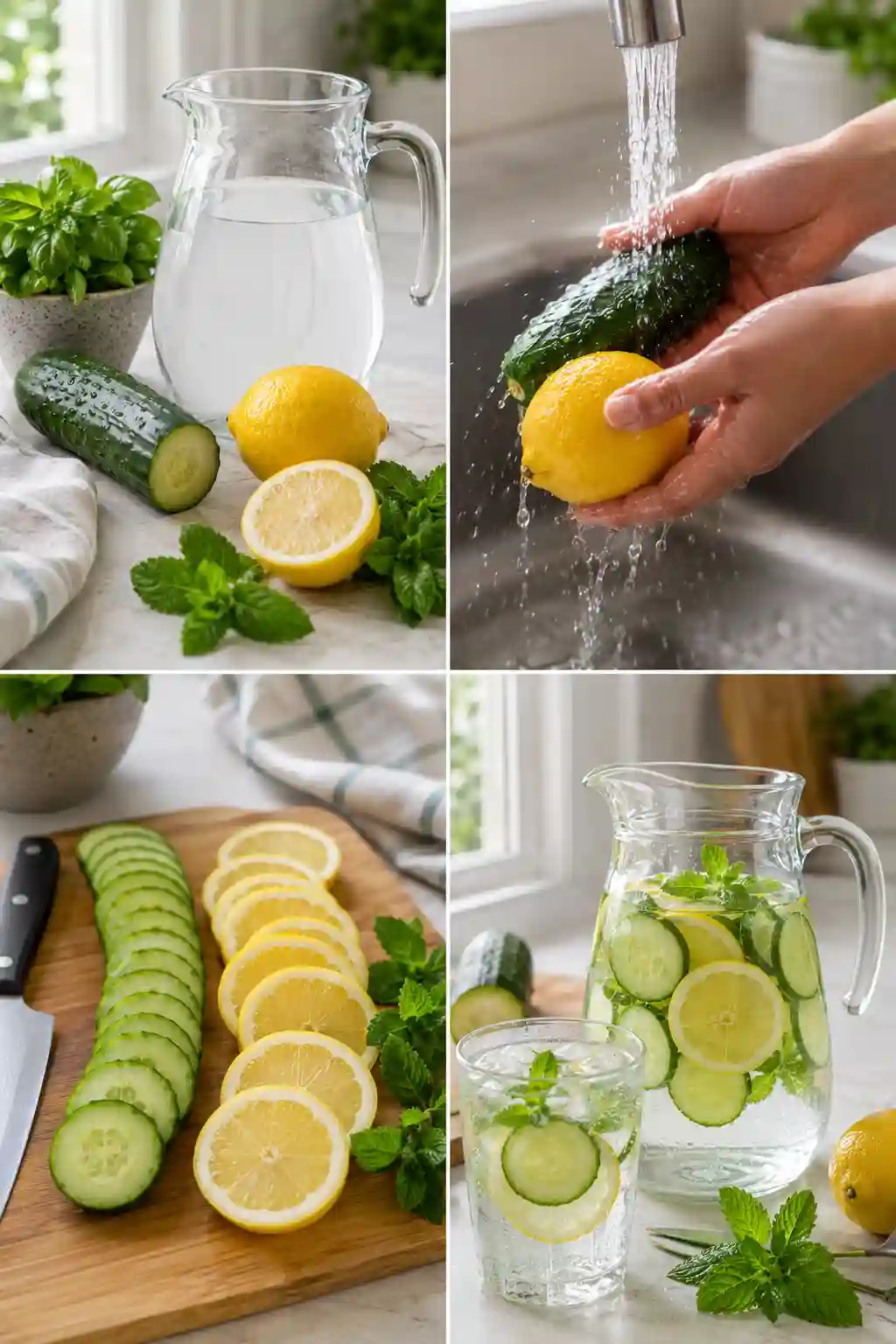 Step by step process showing how to make cucumber lemon water recipe from ingredients to serving