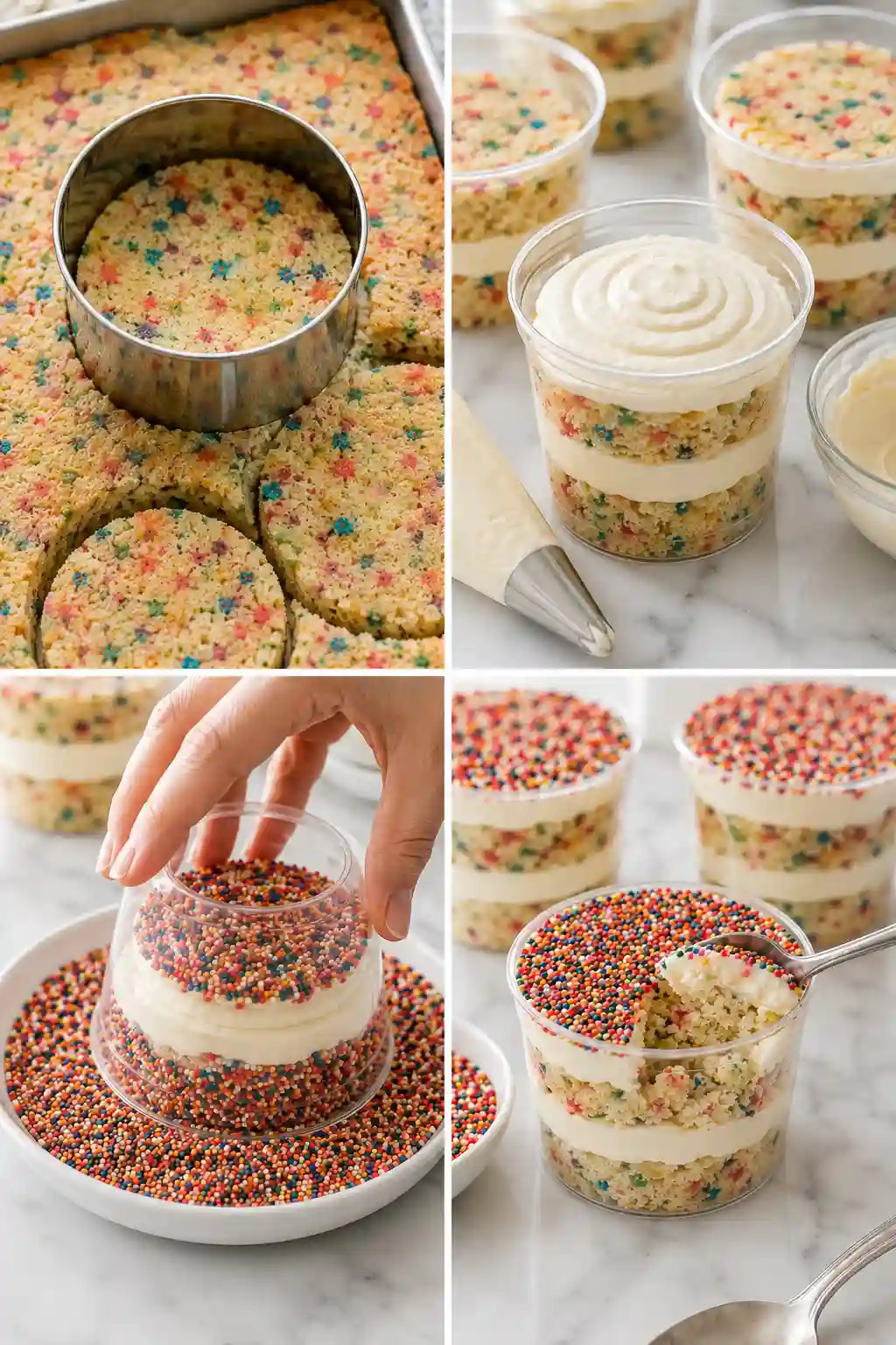 How to make a Dot Cake Recipe step by step from cutting cake circles to assembling cups and adding rainbow nonpareil sprinkles