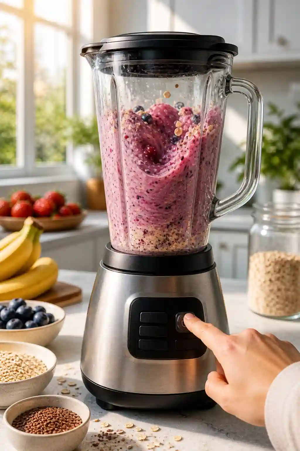 Blending high fiber smoothie with oats chia seeds flaxseeds and berries for weight loss recipe