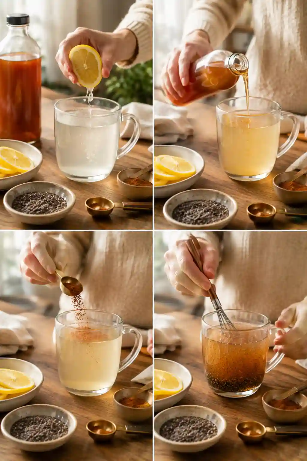 Step by step preparation of Glucose Reset Ritual Recipe showing lemon juice, apple cider vinegar, cinnamon, and mixing instructions.