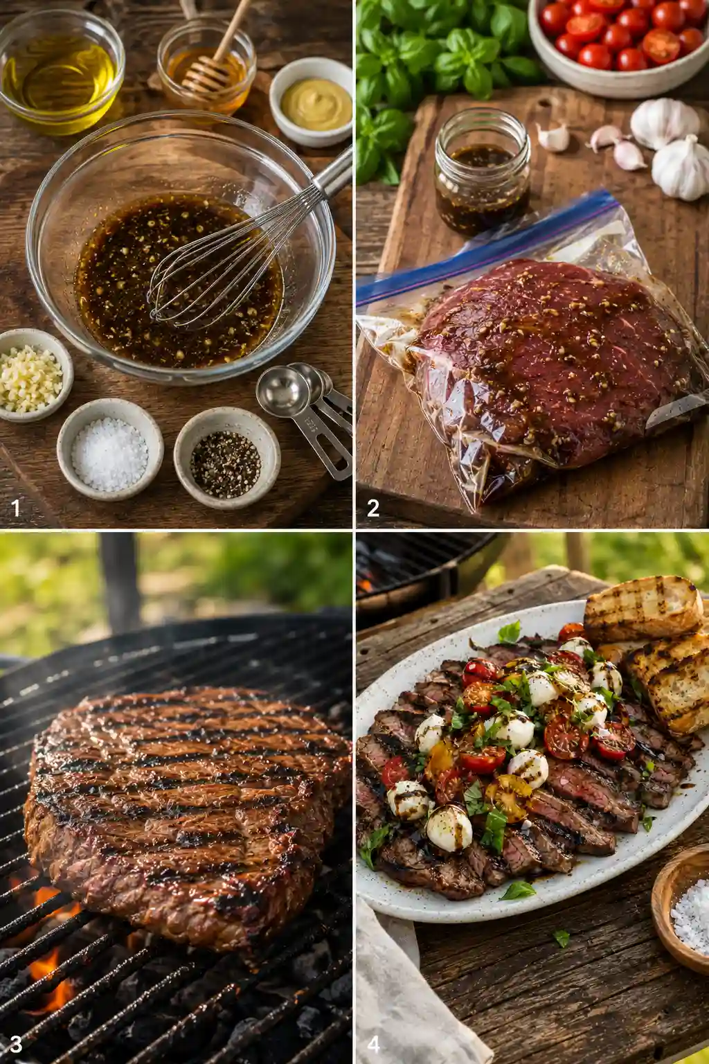 Step by step process for making Grilled Flank Steak Caprese showing marinade preparation, marinating steak, grilling, and final assembly.