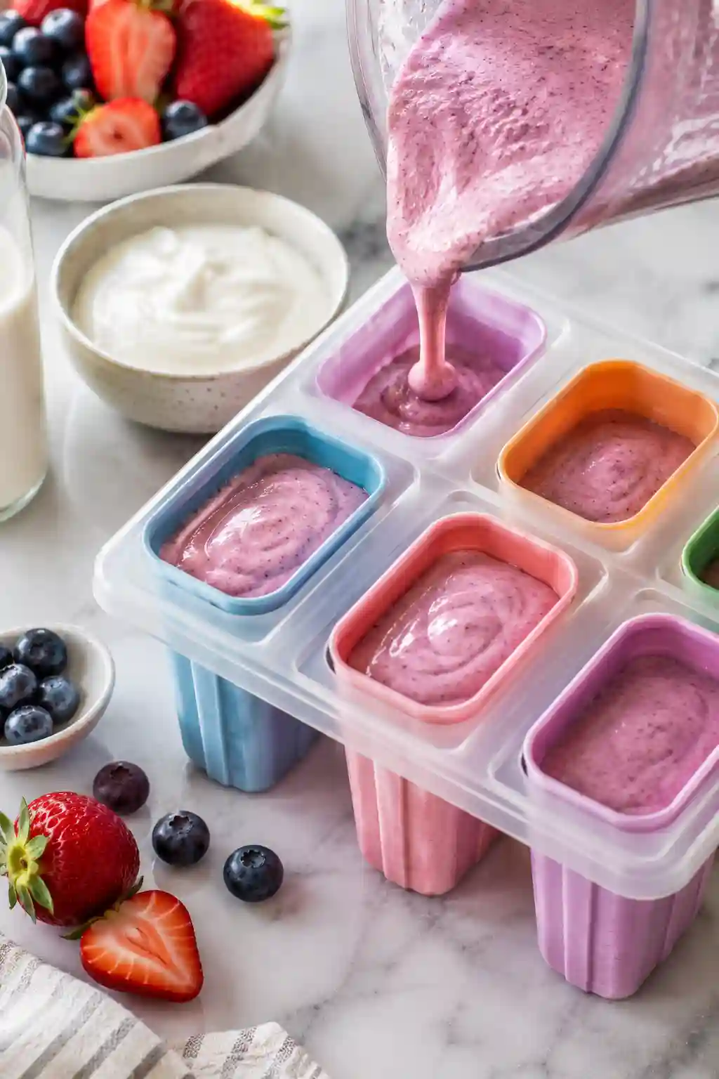 Protein Popsicles Recipe Step 3 Pour Into Popsicle Molds Pouring blended berry protein mixture into silicone molds for making Protein Popsicles Recipe