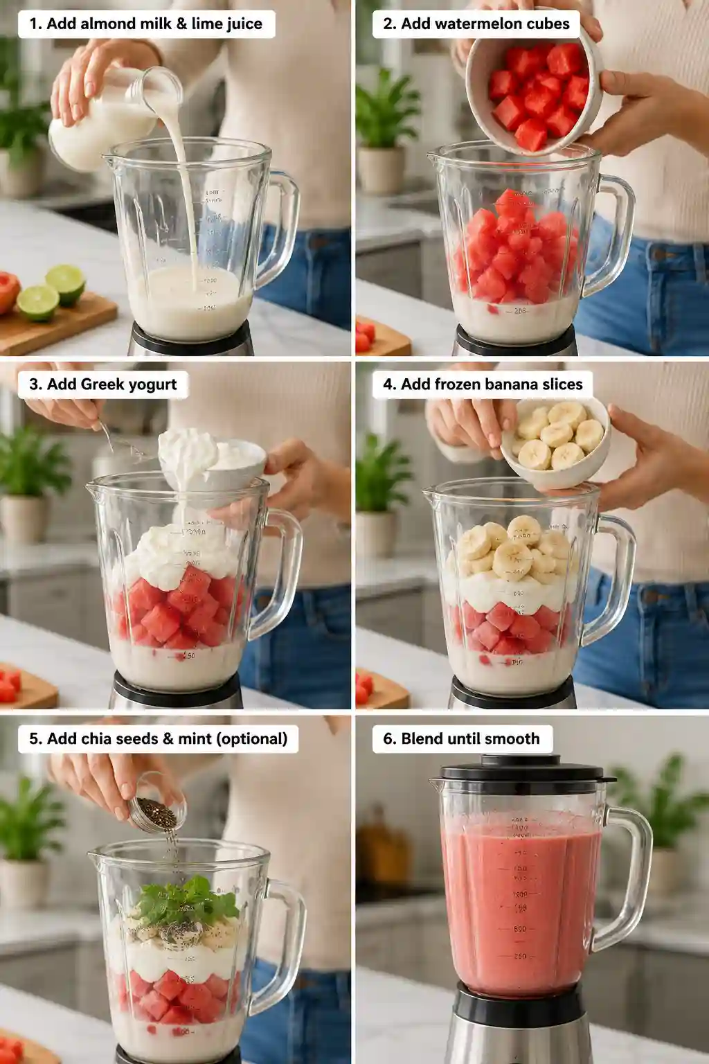 Step-by-step guide showing how to make Watermelon Smoothie Recipes for Weight Loss with almond milk, watermelon, Greek yogurt, banana, chia seeds, and mint