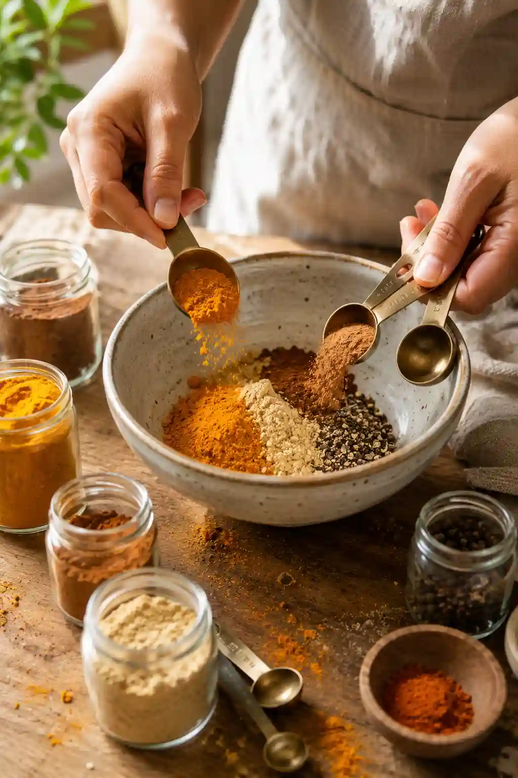 Measuring turmeric, cinnamon, ginger, and black pepper for a homemade Dementia Prevention Spice Blend Recipe.
