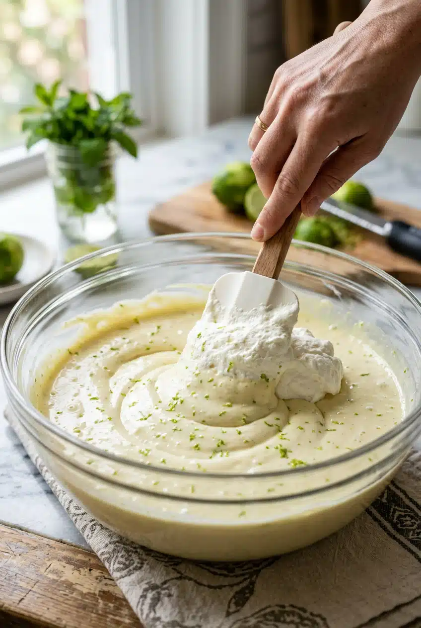 Mixing creamy key lime cheesecake filling with whipped cream and lime zest for no bake cheesecake cups