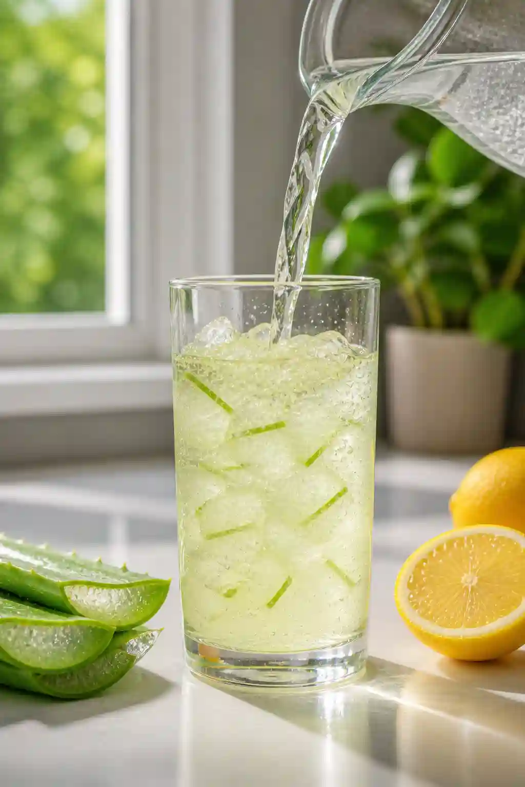 pouring water into a glass with aloe vera and lemon to make aloe vera lemon water for weight loss
