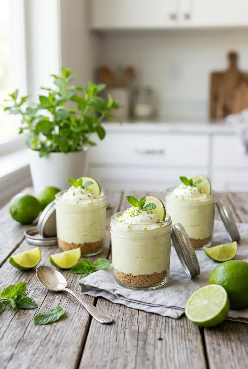 No bake key lime cheesecake cups served in glass jars with lime slices and mint on a rustic wooden table