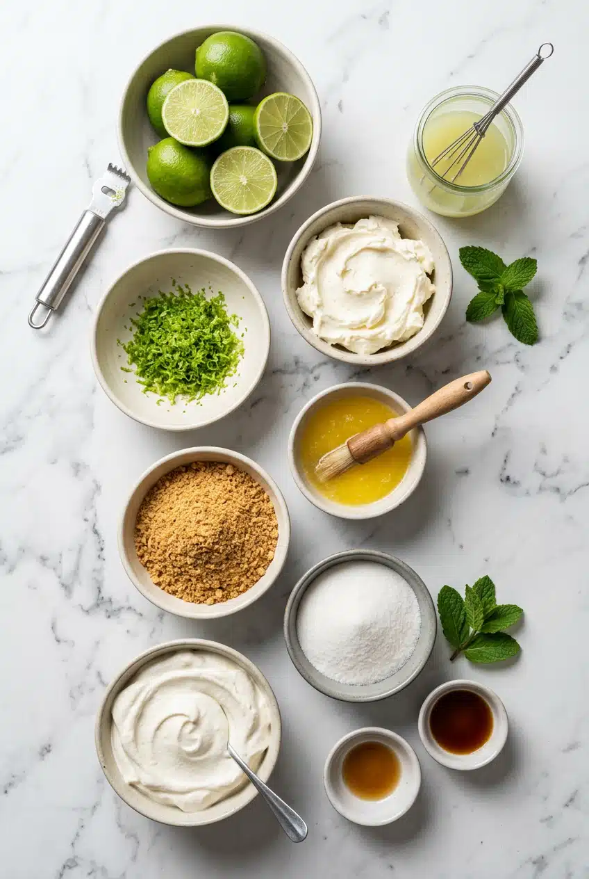 Ingredients for no bake key lime cheesecake cups including cream cheese, graham cracker crumbs, fresh limes, lime zest, sugar, and melted butter on marble background