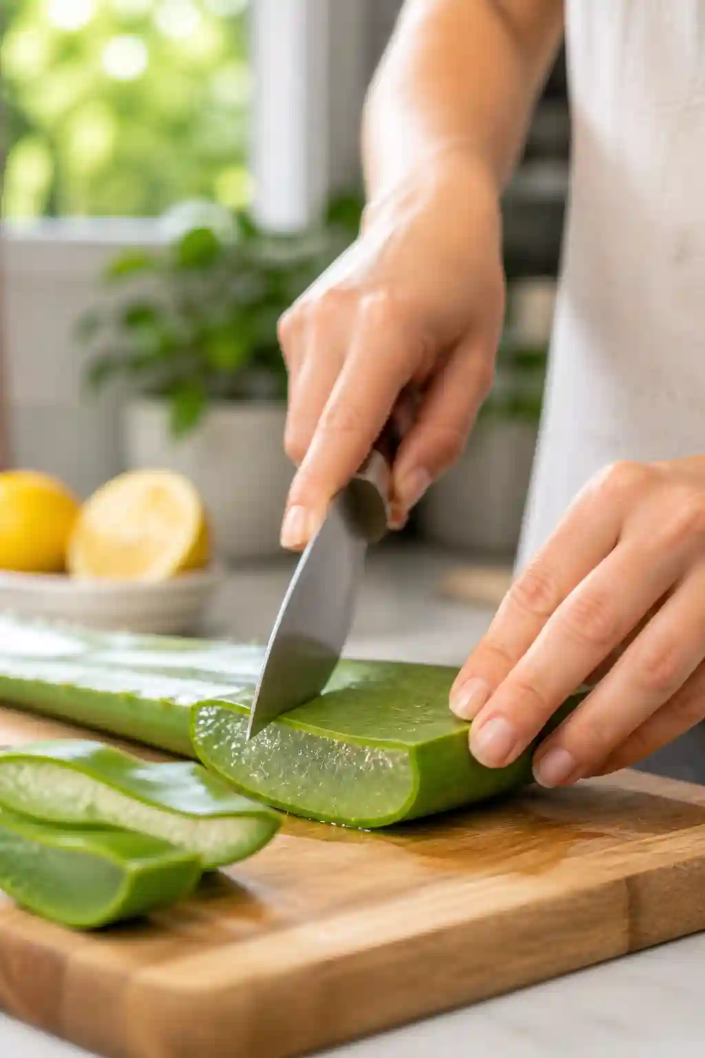cutting fresh aloe vera leaf to extract gel for aloe vera lemon water for weight loss