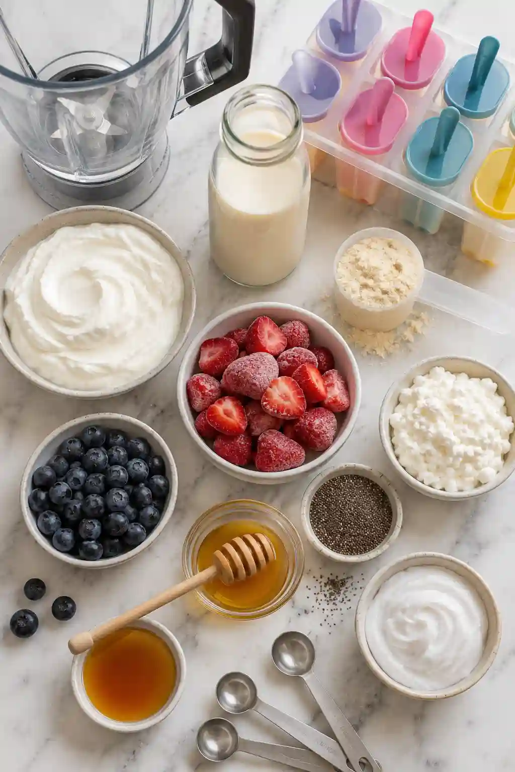 Protein Popsicles Recipe Ingredients and Substitutions Ingredients for Protein Popsicles Recipe including Greek yogurt, berries, protein powder, almond milk, and honey