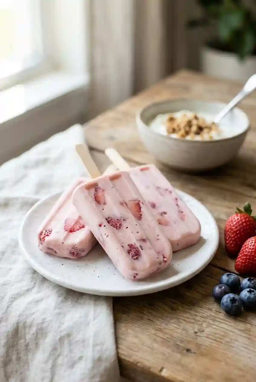 Protein Popsicles Recipe Healthy Snack Ready to Enjoy Homemade protein popsicles served on a plate as a healthy high protein snack with strawberries and blueberries