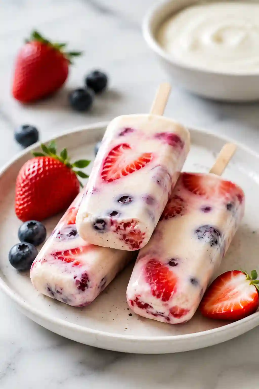 Creamy Protein Popsicles Recipe Ready to Serve Creamy homemade protein popsicles with strawberries and blueberries served on a plate as a high protein frozen snack