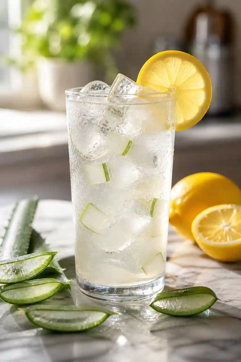 refreshing aloe vera lemon water for weight loss in a glass with ice lemon slice and fresh aloe vera pieces