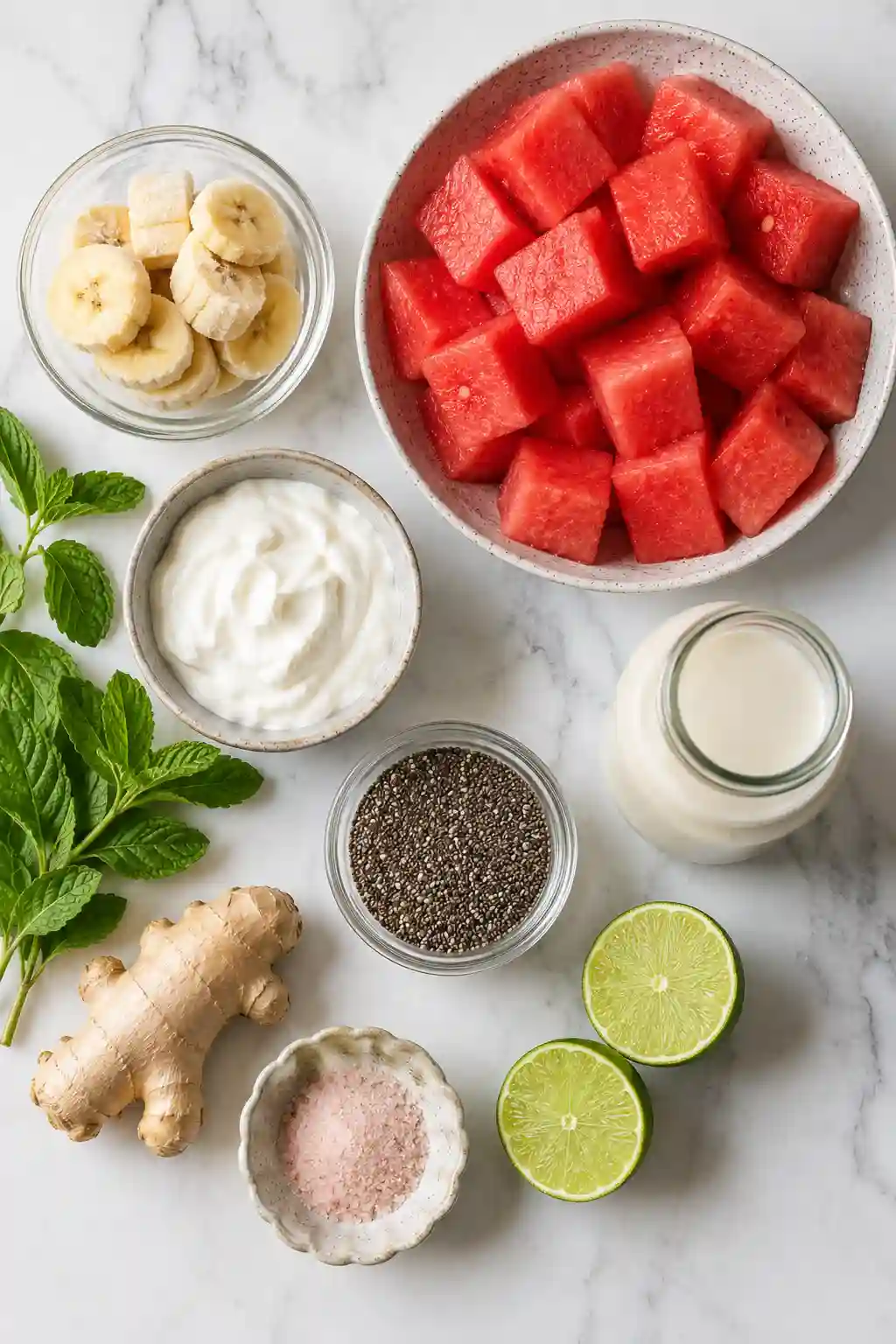 Ingredients for Watermelon Smoothie Recipes for Weight Loss including watermelon cubes, frozen banana slices, Greek yogurt, chia seeds, mint leaves, ginger, almond milk, and lime