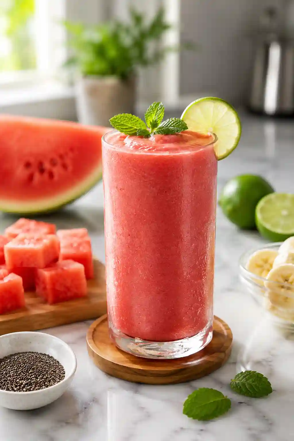 Single serving of Watermelon Smoothie Recipes for Weight Loss garnished with fresh mint and lime, served with watermelon, banana, and chia seeds
