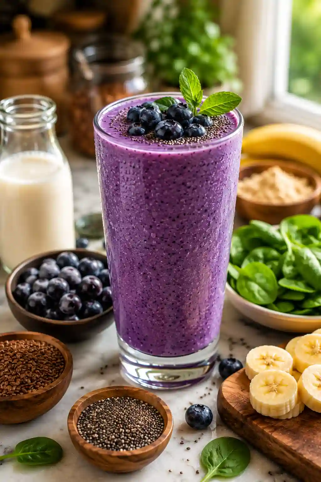 Best Flat Belly Blueberry Smoothie for Weight Loss made with blueberries, banana, spinach, chia seeds, flaxseed, and almond milk